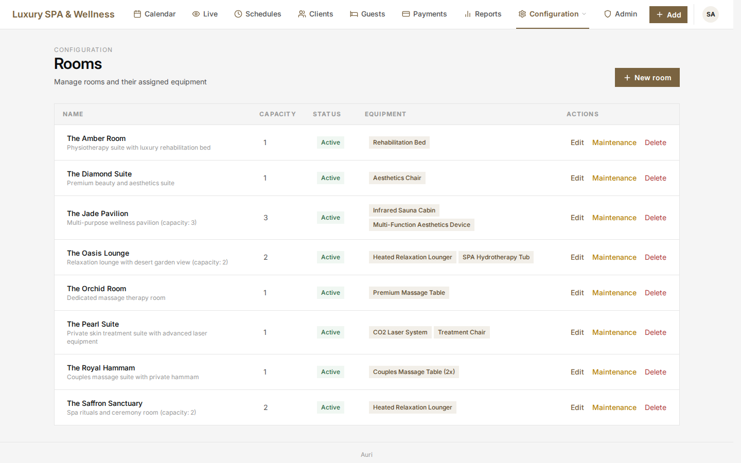 AURI — room management with capacity and equipment