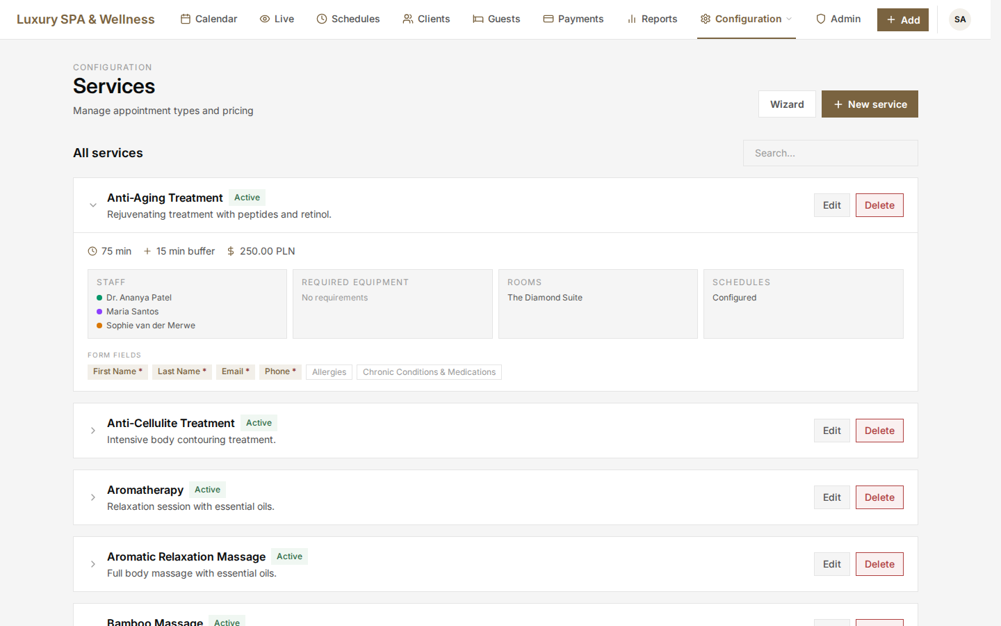 AURI — service configuration with staff, rooms, and equipment
