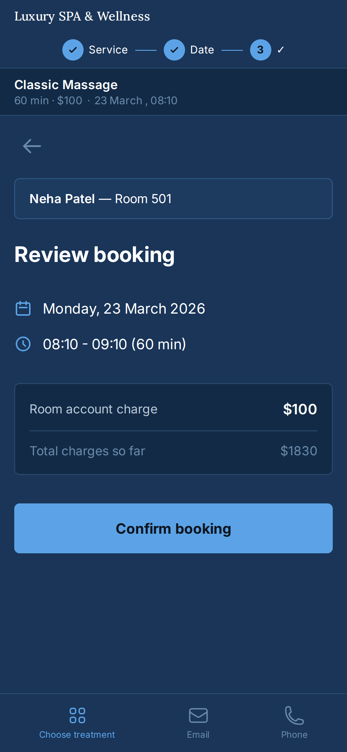 White-label booking — dark blue theme
