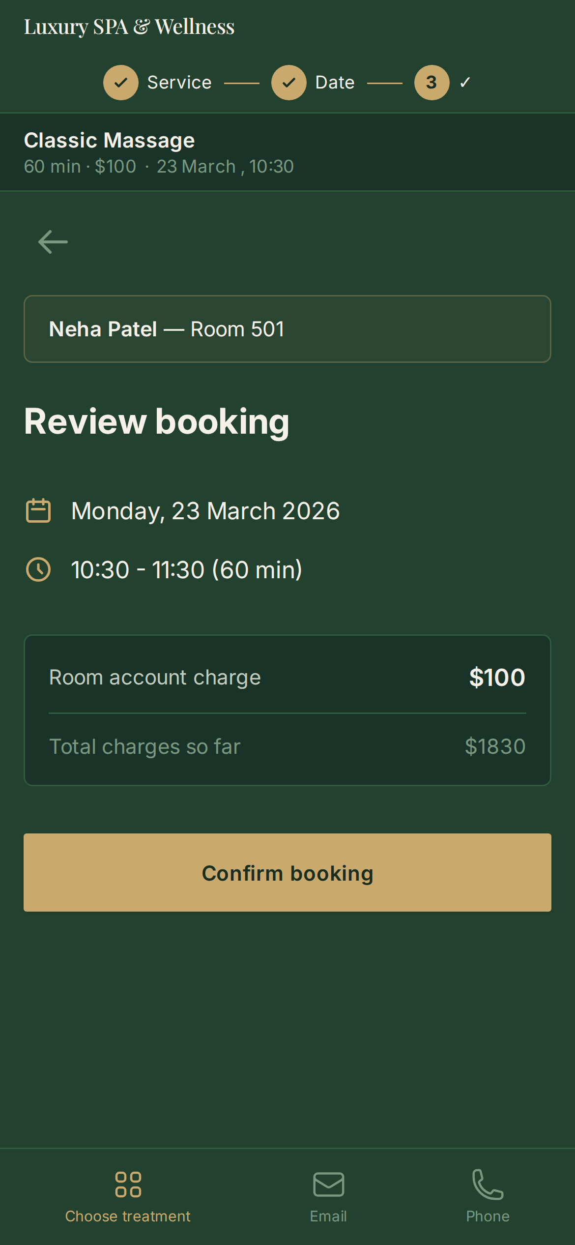 White-label booking — forest green theme