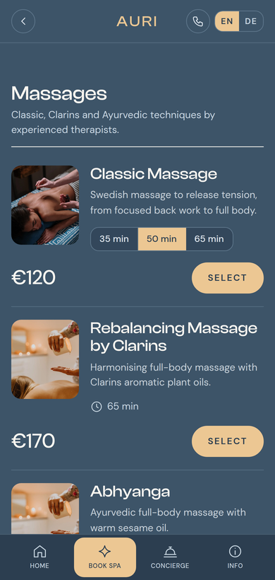 AURI booking: treatment photos, durations and prices, with guest navigation below.